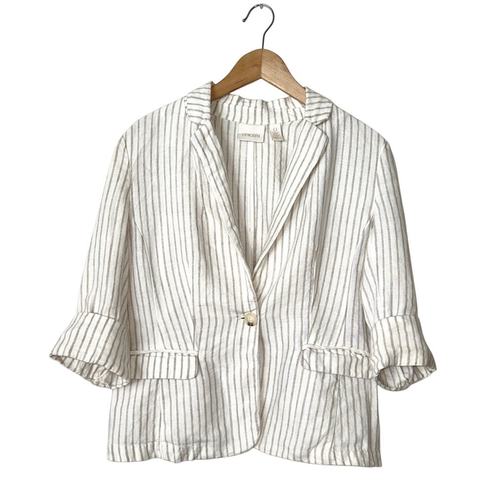 Chico's LINEN Striped Women's Blazer Jacket Size 0 or Small - Picture 2 of 14